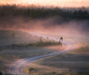 Preview wallpaper road, winding, fog, trees