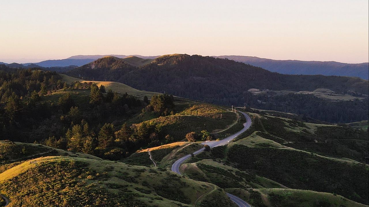 Wallpaper road, winding, hills, trees
