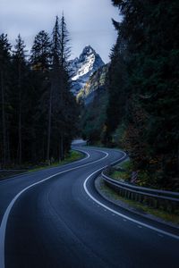 Preview wallpaper road, winding, mountain, peak, trees, nature