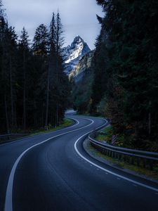 Preview wallpaper road, winding, mountain, peak, trees, nature