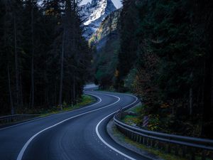 Preview wallpaper road, winding, mountain, peak, trees, nature