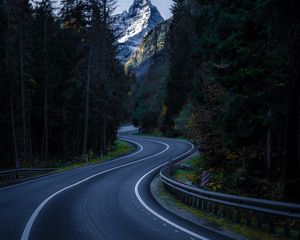 Preview wallpaper road, winding, mountain, peak, trees, nature