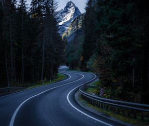 Preview wallpaper road, winding, mountain, peak, trees, nature