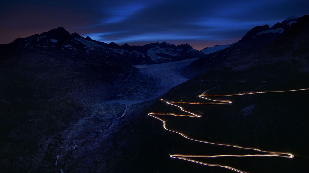 Wallpaper road, winding, mountains, night, dark