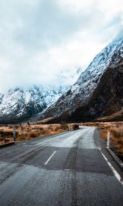 Preview wallpaper road, winding, mountains, marking, snowy