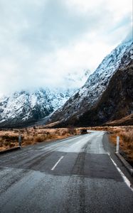 Preview wallpaper road, winding, mountains, marking, snowy
