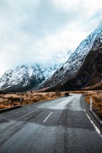 Preview wallpaper road, winding, mountains, marking, snowy