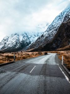 Preview wallpaper road, winding, mountains, marking, snowy