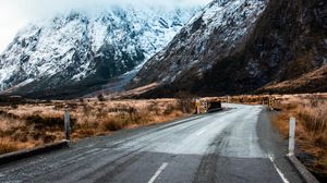 Preview wallpaper road, winding, mountains, marking, snowy