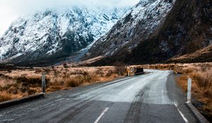 Preview wallpaper road, winding, mountains, marking, snowy