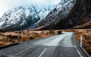 Preview wallpaper road, winding, mountains, marking, snowy