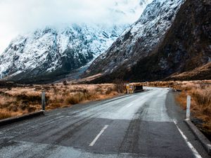 Preview wallpaper road, winding, mountains, marking, snowy