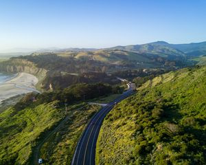 Preview wallpaper road, winding, relief, hills, distance