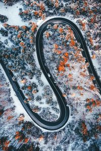 Preview wallpaper road, winding, trees, snow, panorama, aerial view, zigzag