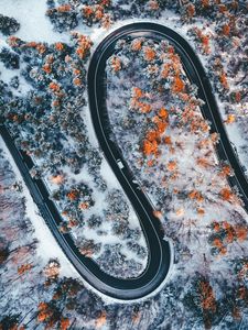 Preview wallpaper road, winding, trees, snow, panorama, aerial view, zigzag