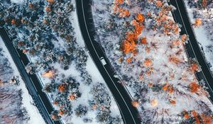 Preview wallpaper road, winding, trees, snow, panorama, aerial view, zigzag