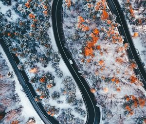 Preview wallpaper road, winding, trees, snow, panorama, aerial view, zigzag