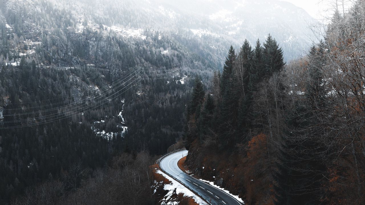 Wallpaper road, winding, trees, mountains, snowy