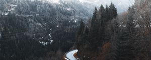 Preview wallpaper road, winding, trees, mountains, snowy