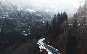 Preview wallpaper road, winding, trees, mountains, snowy