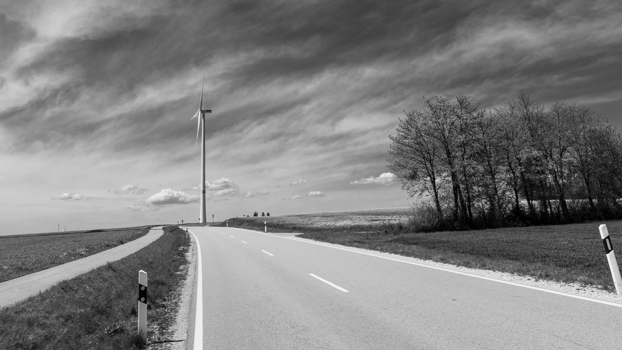 Wallpaper road, windmill, sky, bw