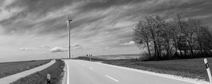 Preview wallpaper road, windmill, sky, bw