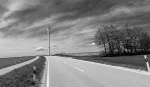 Preview wallpaper road, windmill, sky, bw