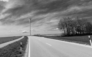 Preview wallpaper road, windmill, sky, bw