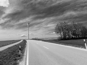 Preview wallpaper road, windmill, sky, bw