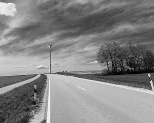 Preview wallpaper road, windmill, sky, bw