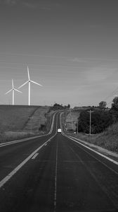 Preview wallpaper road, windmills, car, bw