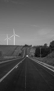 Preview wallpaper road, windmills, car, bw