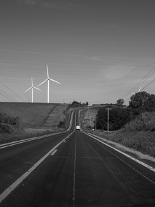 Preview wallpaper road, windmills, car, bw