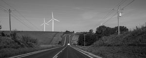 Preview wallpaper road, windmills, car, bw