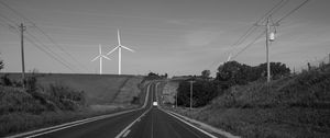 Preview wallpaper road, windmills, car, bw