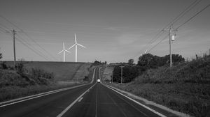 Preview wallpaper road, windmills, car, bw