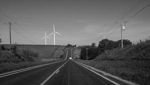 Preview wallpaper road, windmills, car, bw