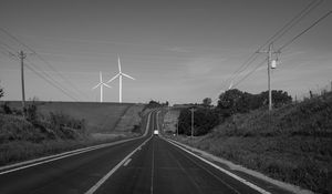 Preview wallpaper road, windmills, car, bw