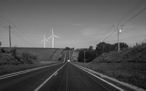 Preview wallpaper road, windmills, car, bw