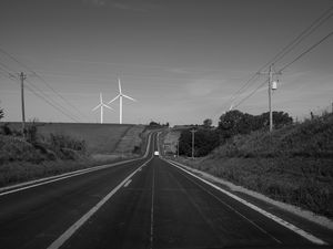 Preview wallpaper road, windmills, car, bw