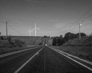 Preview wallpaper road, windmills, car, bw