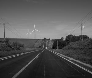 Preview wallpaper road, windmills, car, bw