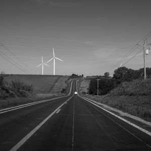 Preview wallpaper road, windmills, car, bw