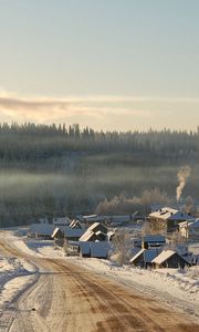 Preview wallpaper road, winter, at home, country, village, smoke, fire chamber