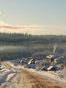 Preview wallpaper road, winter, at home, country, village, smoke, fire chamber