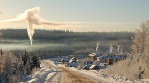 Preview wallpaper road, winter, at home, country, village, smoke, fire chamber