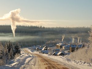 Preview wallpaper road, winter, at home, country, village, smoke, fire chamber