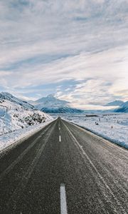 Preview wallpaper road, winter, mountains, marking, asphalt, snow