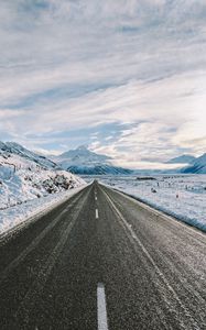 Preview wallpaper road, winter, mountains, marking, asphalt, snow