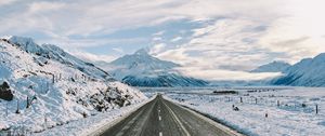 Preview wallpaper road, winter, mountains, marking, asphalt, snow